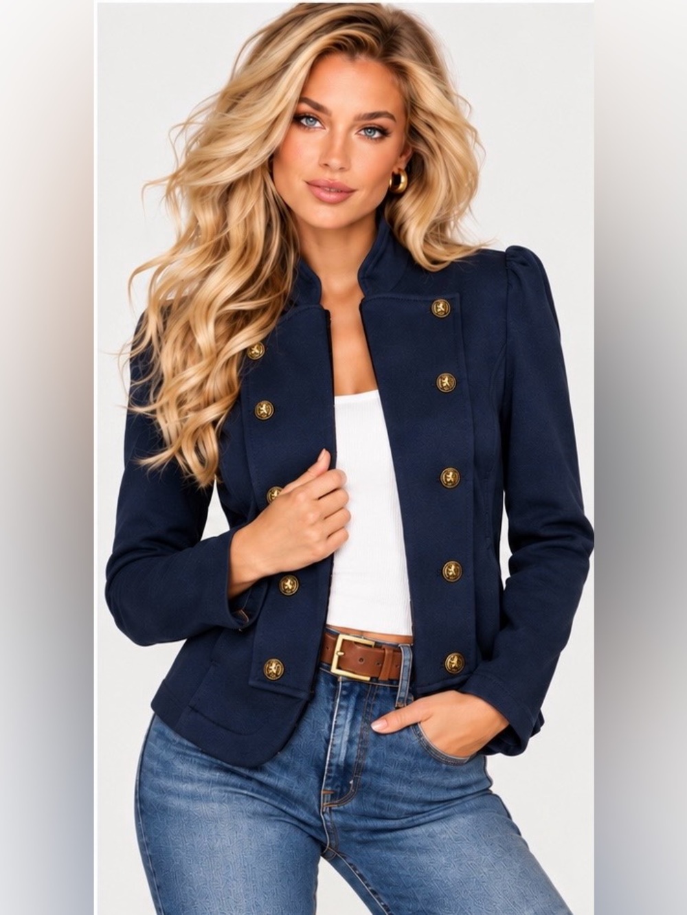 Tommy Hilfiger Navy Military Jacket with Gold
Crest Buttons & Puff Shoulders, S